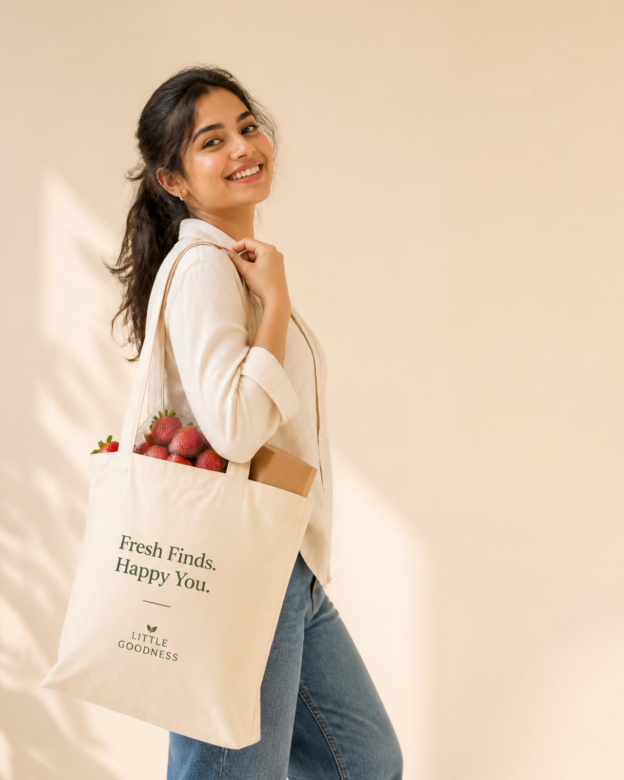 Shopper carrying a Buyberry tote with strawberries and parcels