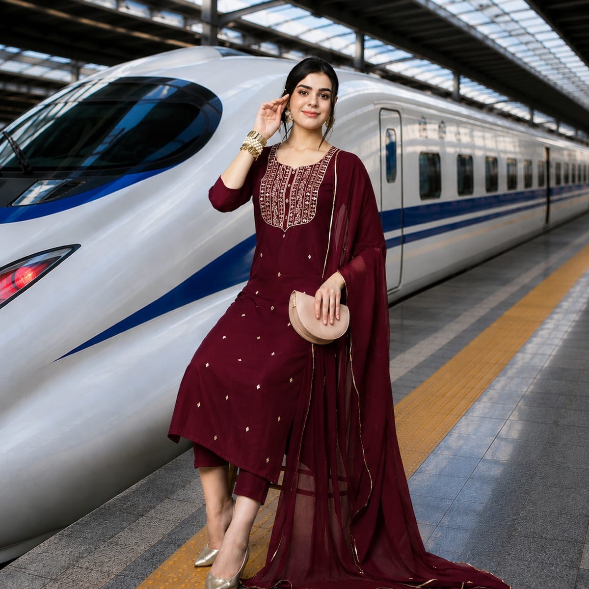 Maroon Embroidered Kurta & Dupatta Set