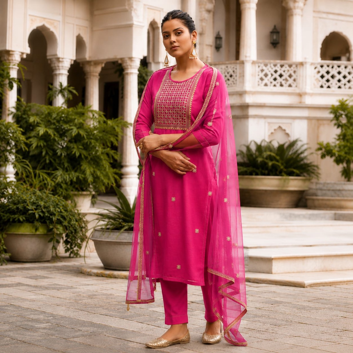 Rani Pink Zari Yoke Kurta Set
