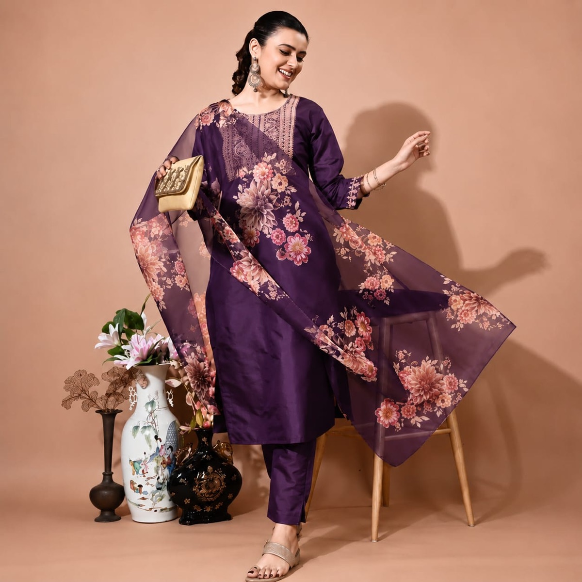 Plum Silk Kurta Set with Floral Organza Dupatta
